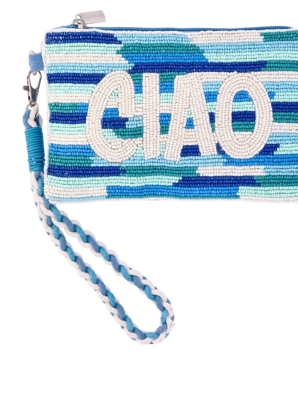 Beaded CIAO Wristlet Zipper Pouch Blue Aqua Stripes